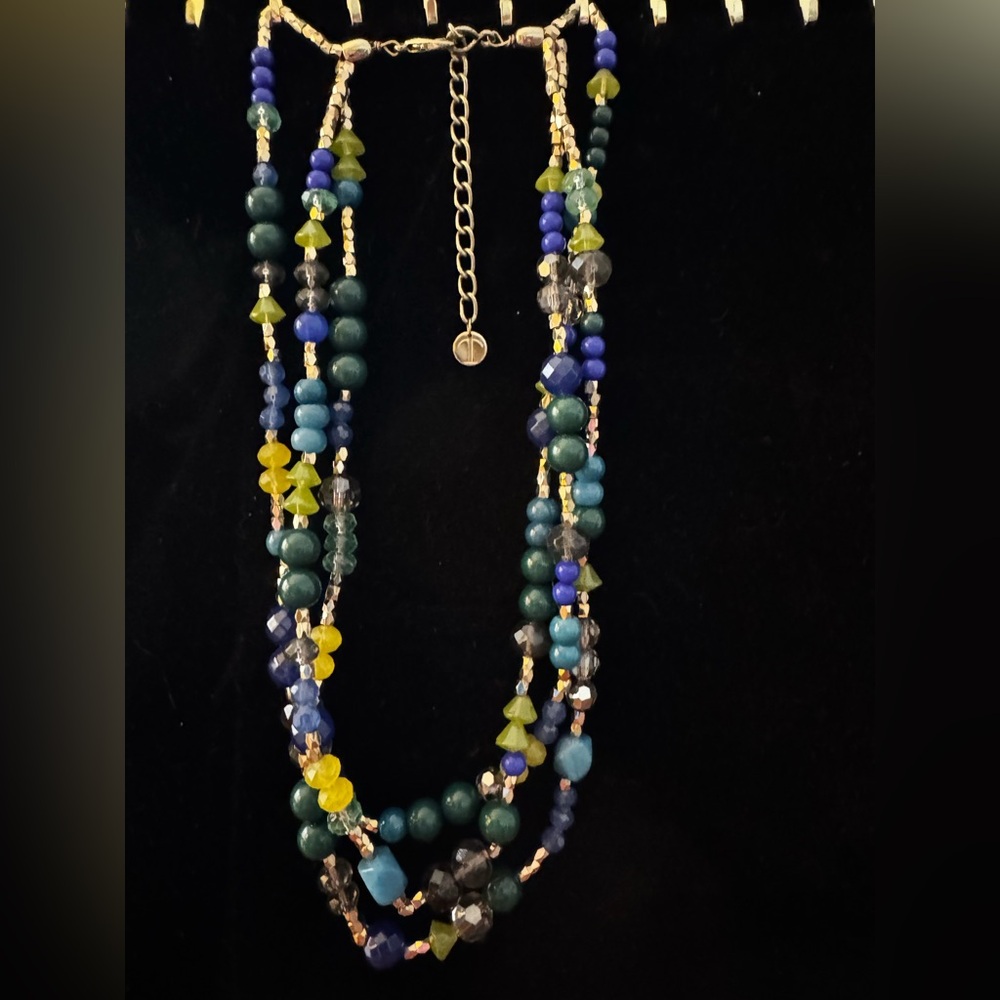 Multistone Talbots beaded necklace adjustable colorful teals greens blues
